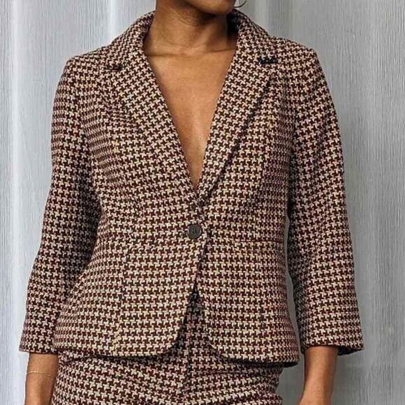 Modcloth Wool Informed Ensemble Brown Houndstooth Single Button Blazer Size XL - Picture 1 of 15